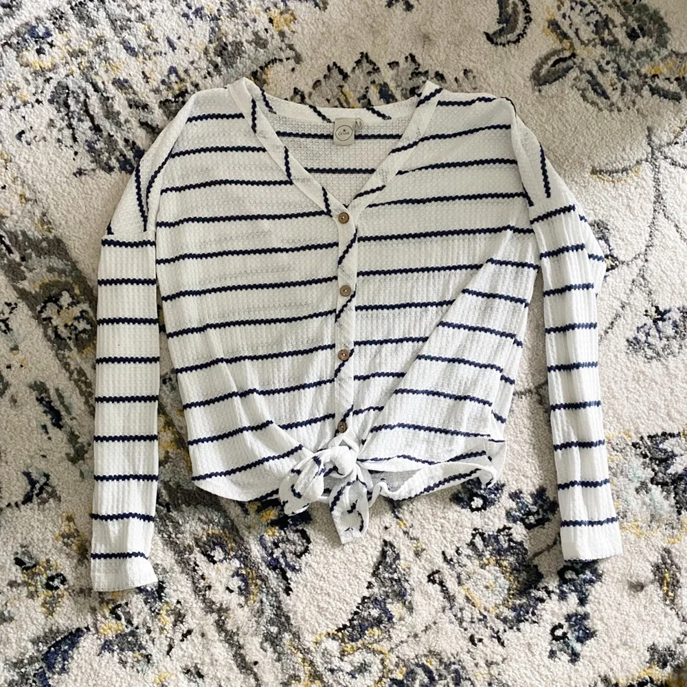 White And Blue Striped Tie Long Sleeve Shirt Womens XS - Picture 1 of 2